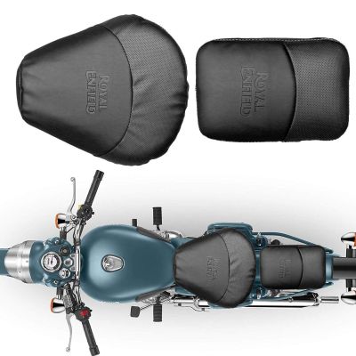 Allextreme PU Leather Bike Seat Cover with Cushioning Anti-Slip Water-Resistant Shock Absorbent & Brand Name Design for Royal Enfield Classic 350cc