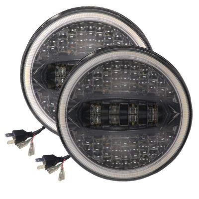 Allextreme EX7IYP2 7 Inch Round LED Headlight with Ring Hi/Low Beam & Yellow-white Angel Eye Lamp for Bullet, Harley Davidson Jeep Wrangler (75W, Pack of 2)