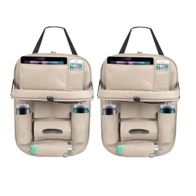 Allextreme EXFTCOA2 Universal PU Leather Auto Car Seat Back Organizer with Foldable Dining Table Tray, Multipocket Storage Tablet, Bottle and Tissue Paper Holder (Beige, 2Pcs)