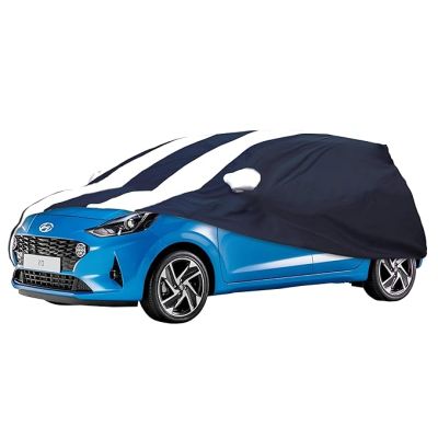Allextreme HI5005 Car Body Cover Compatible with Hyundai Old i10 Custom Fit Dustproof UV Heat Resistant Indoor Outdoor Body Protection (Navy Blue & White with Mirror)