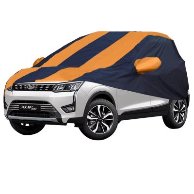 Allextreme MXG5003 Car Body Cover Compatible with Mahindra XUV 300 Custom Fit Dustproof UV Heat Resistant Indoor Outdoor Body Protection (Navy Blue & Orange with Mirror)