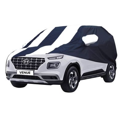 Allextreme HVG5005 Car Body Cover Compatible with Hyundai Venue Custom Fit Dustproof UV Heat Resistant Indoor Outdoor Body Protection (Navy Blue & White with Mirror)