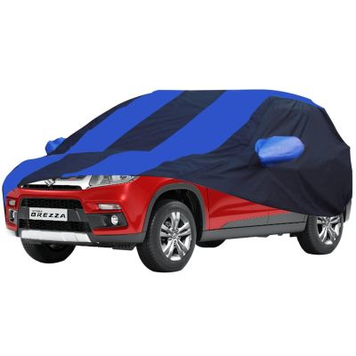 Allextreme MBG5002 Car Body Cover Compatible with Maruti Suzuki Brezza Custom Fit Dustproof UV Heat Resistant Indoor Outdoor Body Protection (Navy Blue & Blue with Mirror)
