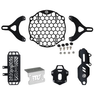 AllExtreme EXTD05 Headlight Grill Set Combo Pack with Protective Cover for Motorcycle Parts - Rear Master Cylinder, Headlight, Side stand Base Extender & Radiator (Black)