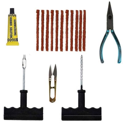 AllExtreme EXTPT06 Tubeless Tyre Puncture Repair Kit Portable Flat Tire Puncher Fixing Box (Nose Plier + T-Handle Pluggers + 11 Brown Seal Strips + Rubber Solution + Cutter)