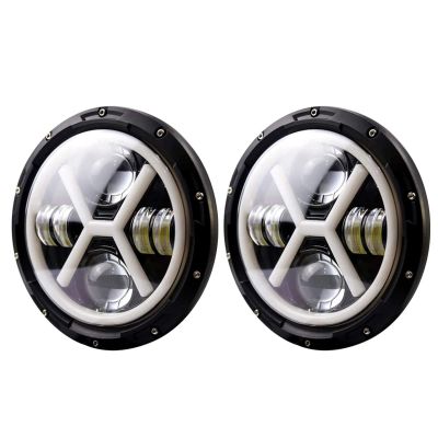 Allextreme 7 Inch Round Headlight with Full Ring 3 Color DRL Angel Eyes & Hi/Low Beam Compatible with Royal Enfield, Jeep & Harley Davidson (Pack of 2)