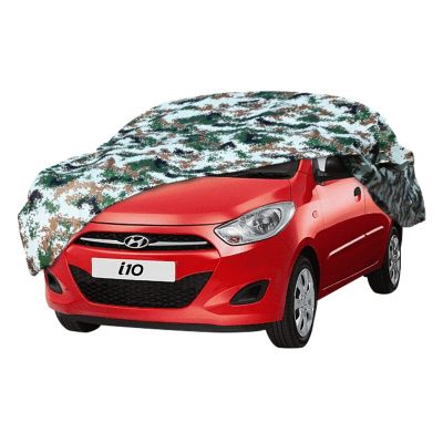 AllExtreme HI5007 100% Tested Waterproof Car Body Cover Compatible with Hyundai Old i10 Triple Stitched UV Heat Resistant Indoor Outdoor Body Protection (Army Print with Mirror)