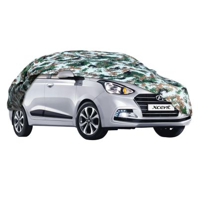 AllExtreme HXS5007 100% Tested Waterproof Car Body Cover Compatible with Hyundai Xcent Triple Stitched UV Heat Resistant Indoor Outdoor Body Protection (Army Print with Mirror)