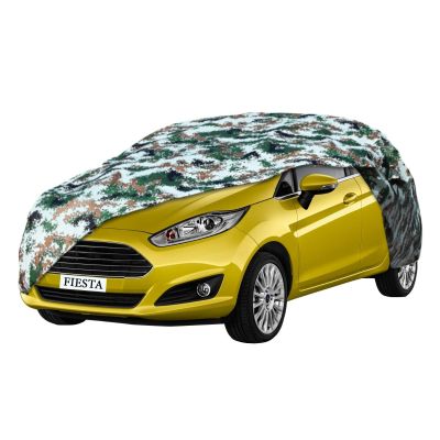 AllExtreme FFK5007 100% Tested Waterproof Car Body Cover Compatible with Ford Fiesta Triple Stitched UV Heat Resistant Indoor Outdoor Body Protection (Army Print with Mirror)