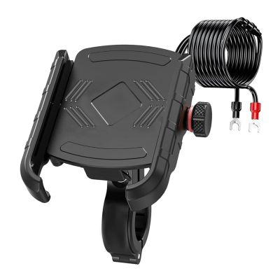 Allextreme Mobile Phone Holder 360° Smartphone Mount Adapter Adjustable Screw Clamp with USB Charging Connectivity for Motorcycles & Bikes- Black