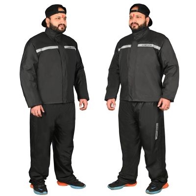 Allextreme Riding Jacket Rain Suit Cover with Pant PU Coated Polyester Fabric Waterproof Biker Rainwear with Full Sleeves for Men's Rider Protection Raincoat (M, Black/Grey)