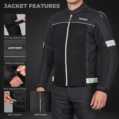 Allextreme TRIPPER Bike Riding Jacket Windproof Biker Mesh Fabric Armour Back Elbows Shoulders Protection Racer Motorcycle Gear Protector for Men (3XL, Grey & Black)