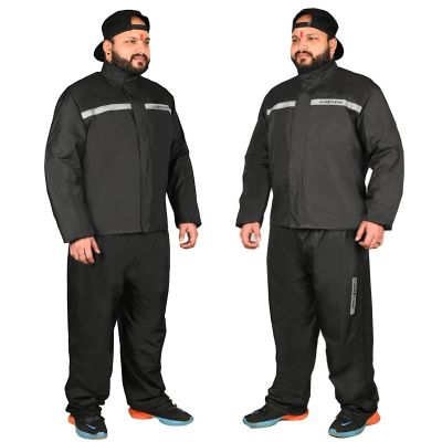 Allextreme Riding Jacket Rain Suit Cover with Pant PU Coated Polyester Fabric Waterproof Biker Rainwear with Full Sleeves for Men's Rider Protection Raincoat (4XL, Black/Grey)