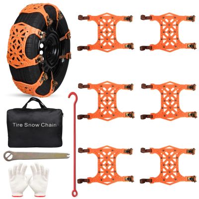 Allextreme 14” Anti-Slip Car Tyre Chain Universal Emergency 13 Nail Anti-Skid Belt Snow & Off-Roading Traction Parts with Storage Bag Chain Hooks and Gloves for Cars SUV Bike (Orange, Set of 6)