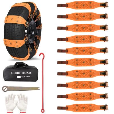 AllExtreme 14.5” Anti-Slip Car Tyre Chain Universal Emergency 5 Nail Anti-Skid Belt Snow & Off-Roading Traction Parts with Storage Bag Chain Hooks and Gloves for Cars SUV Bike (Orange, Pack of 10)