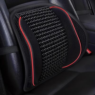 Allextreme Mesh Ventilation Car Back Rest with Wooden Bead and Elastic Belt Lumbar Support Front Rear Breathable Comfort Universal Cushion Pad for Driving Home Office Chair (Red & Black)