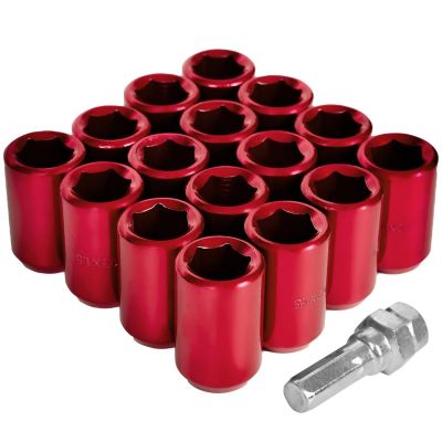 AllExtreme M12x1.5mm Wheel Nuts Open End Steel Aluminum Alloy Extended Lug Nut Set with Key for Cars Wheels Tyres (16Pcs, Red Colour)