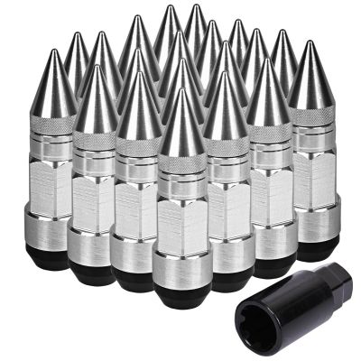 AllExtreme M12x1.5mm Wheel Nuts Close End Steel Aluminum Alloy Extended Lug Nut Set with Spike & Key for Cars Wheels Tyres (20Pcs, Silver Colour)