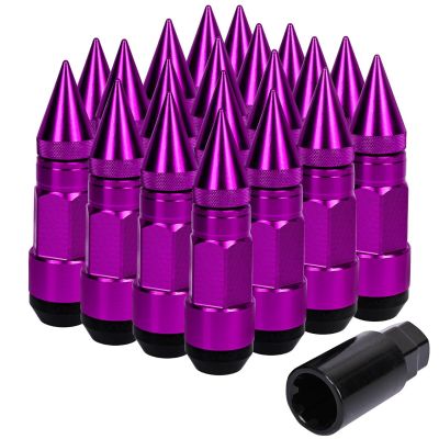 AllExtreme M12x1.5mm Wheel Nuts Close End Steel Aluminum Alloy Extended Lug Nut Set with Spike & Key for Cars Wheels Tyres (20Pcs, Purple Colour)