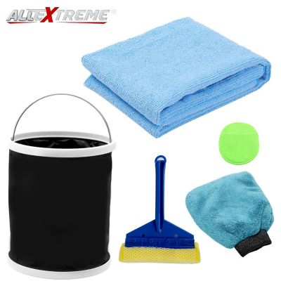 AllExtreme EXFLD16 Car Cleaning Tools Kit Exterior and Interior Wash Supplies with Microfibre Cleaning Cloths, Wash Glove, Sponge, Squeegee and Collapsible Bucket (6 Pcs)
